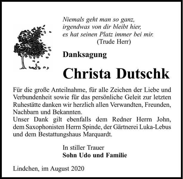 Danksagung Christa Dutschk