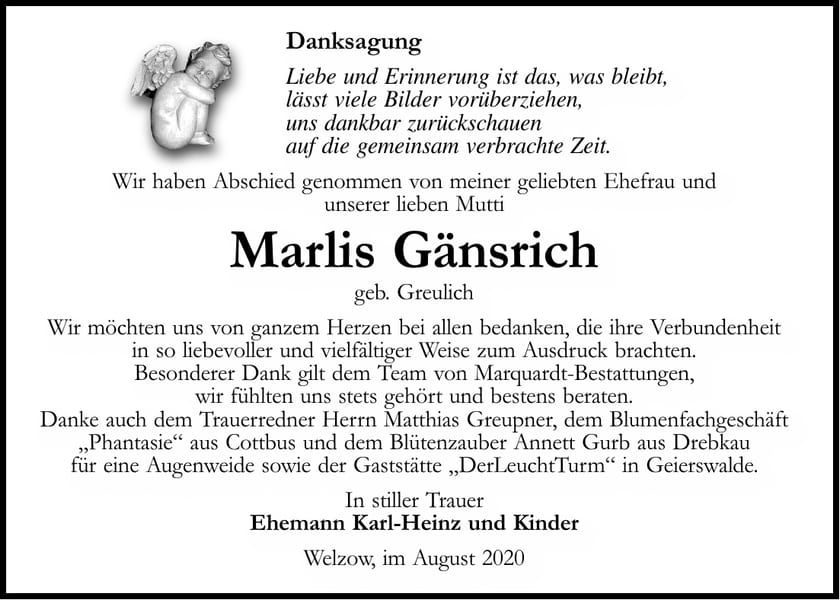 Danksagung Marlis Gänsrich, geb. Greulich