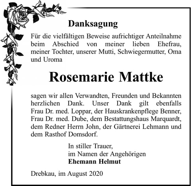 Danksagung Rosemarie Mattke