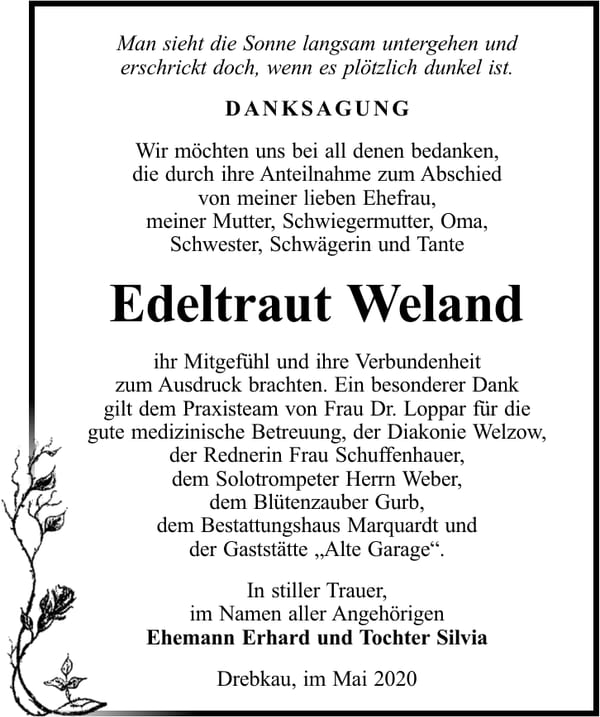 Danksagung Edeltraut Weland