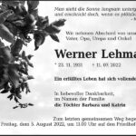 Traueranzeige Werner Lehmann