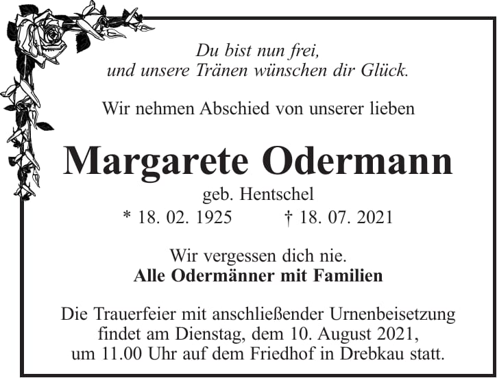 Traueranzeige Margarete Odermann, geb. Hentschel