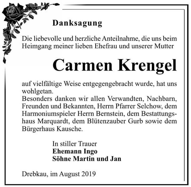Traueranzeige Carmen Krengel