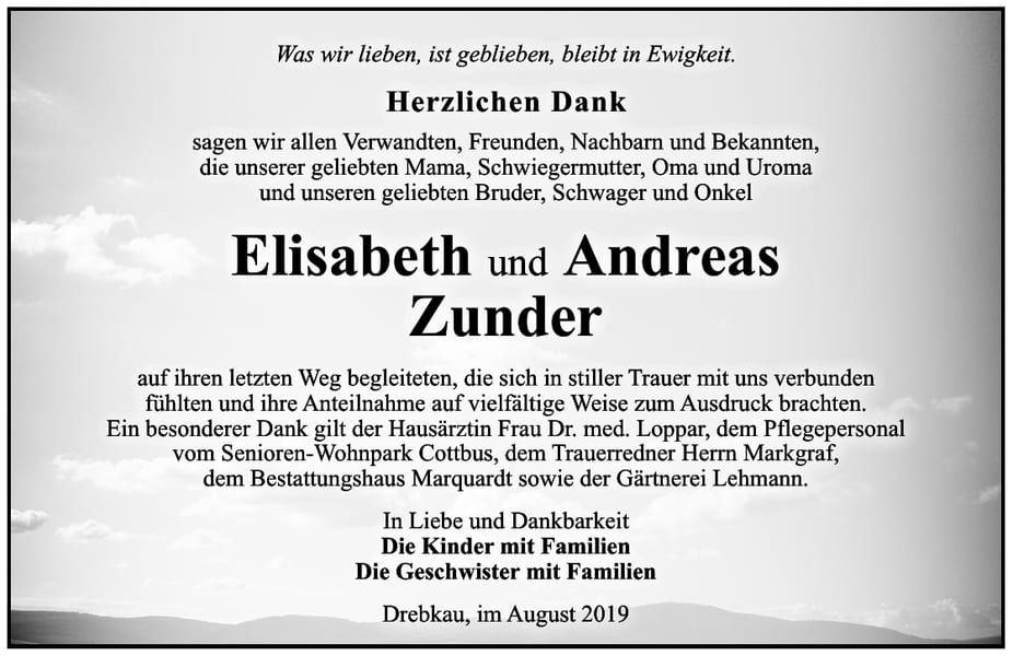 Traueranzeige Andreas Zunder