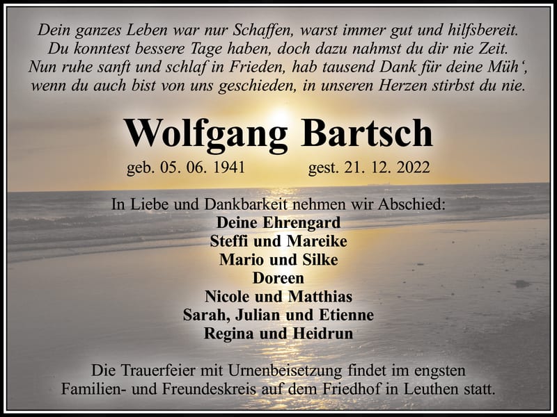 Traueranzeige Wolfgang Bartsch