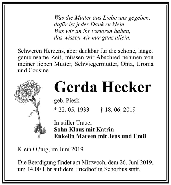 Traueranzeige Gerda Hecker, geb. Piesk