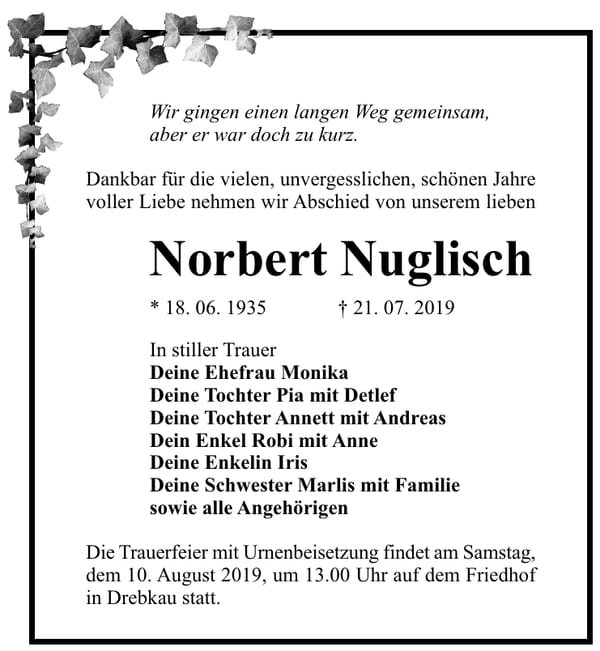 Traueranzeige Norbert Nuglisch