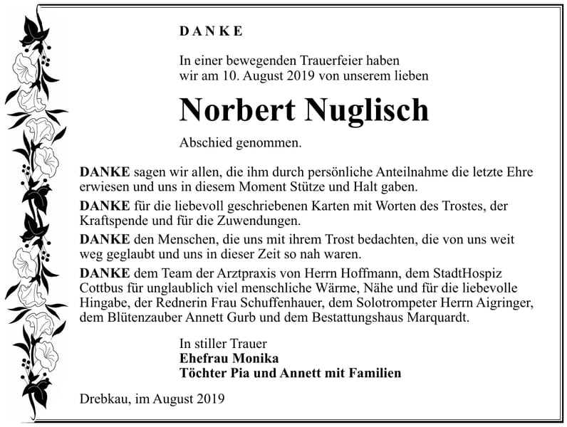 Traueranzeige Norbert Nuglisch