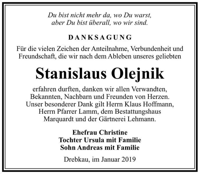Traueranzeige Stanislaus Olejnik