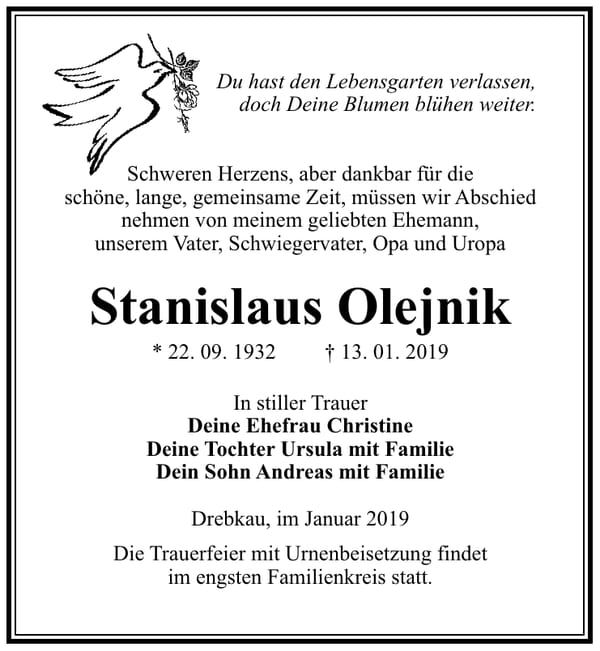 Traueranzeige Stanislaus Olejnik