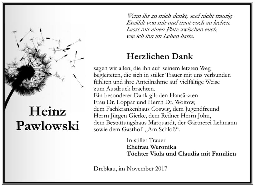 Danksagung Heinz Pawlowski