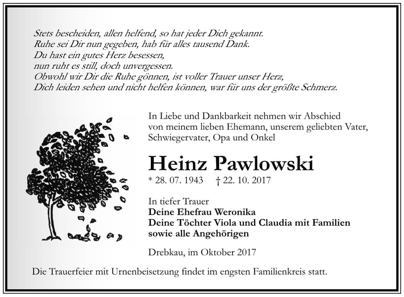 Traueranzeige Heinz Pawlowski