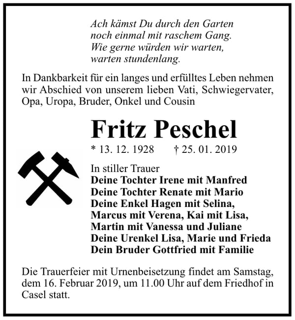 Traueranzeige Fritz Peschel