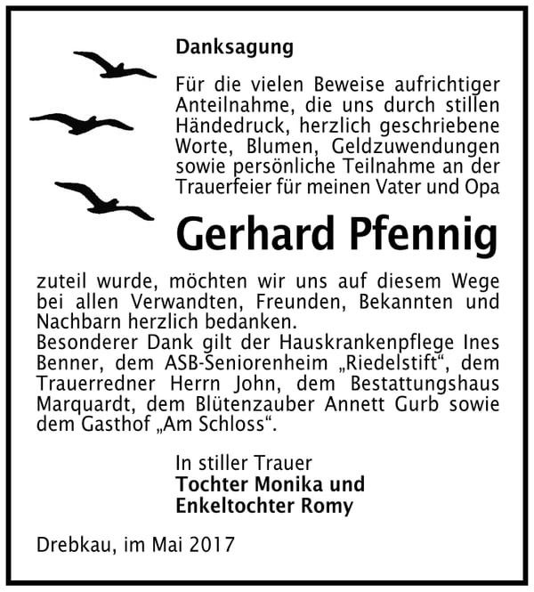 Danksagung Gerhard Pfennig