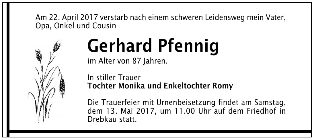 Traueranzeige Gerhard Pfennig