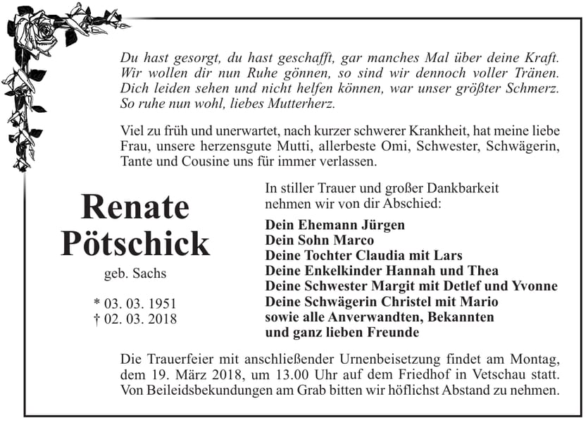 Traueranzeige Renate Pötschick, geb. Sachs
