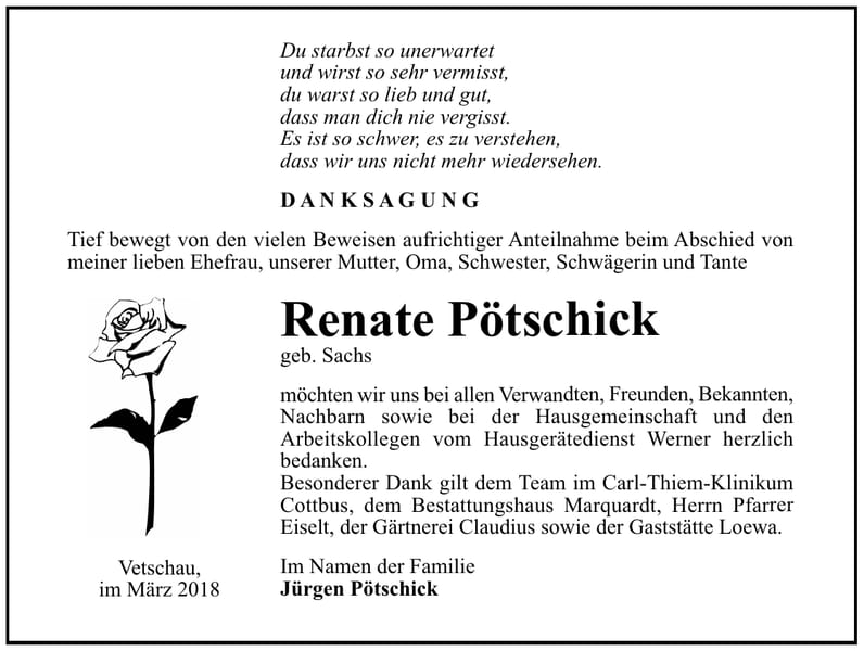 Danksagung Renate Pötschick, geb. Sachs