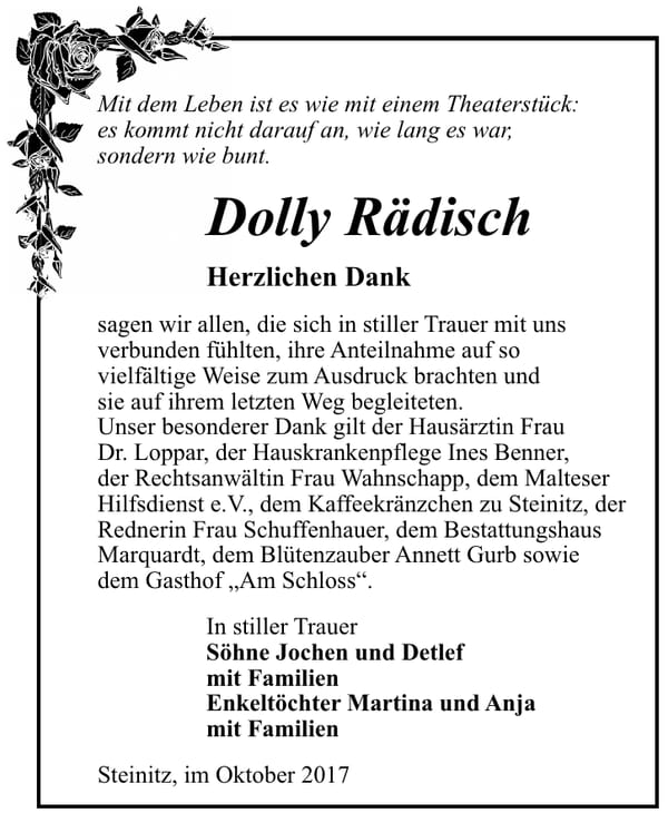 Danksagung Dolly Rädisch