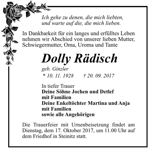 Traueranzeige Dolly Rädisch, geb. Ginzler