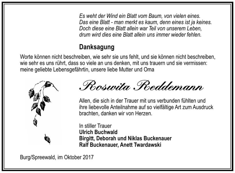 Danksagung Roswita Reddemann