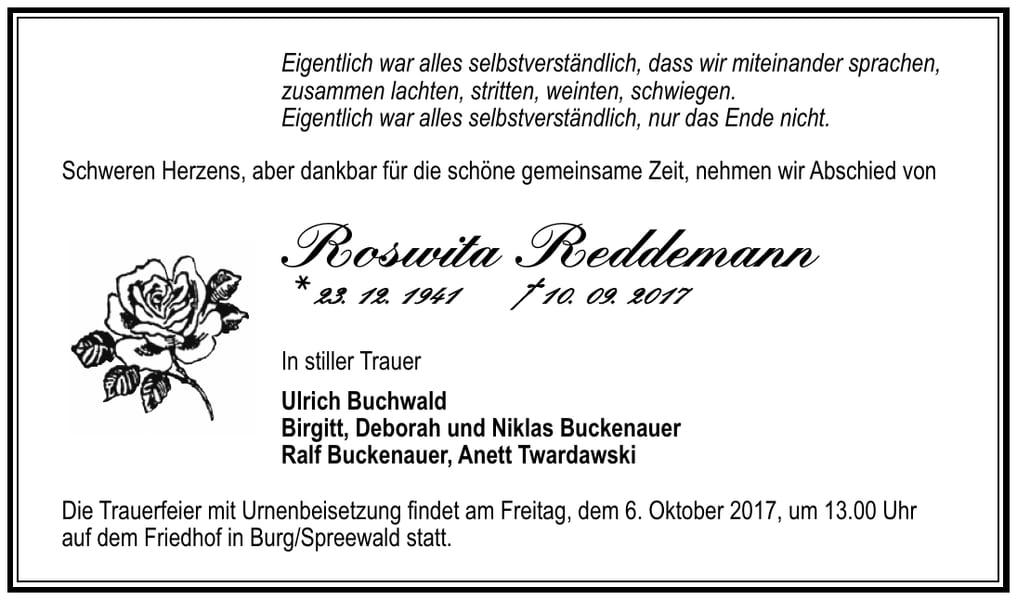 Traueranzeige Roswita Reddemann