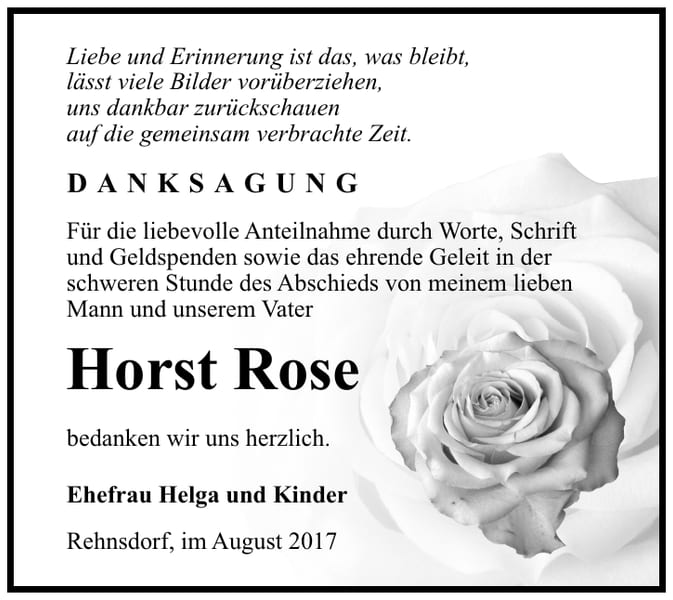 Danksagung Horst Rose