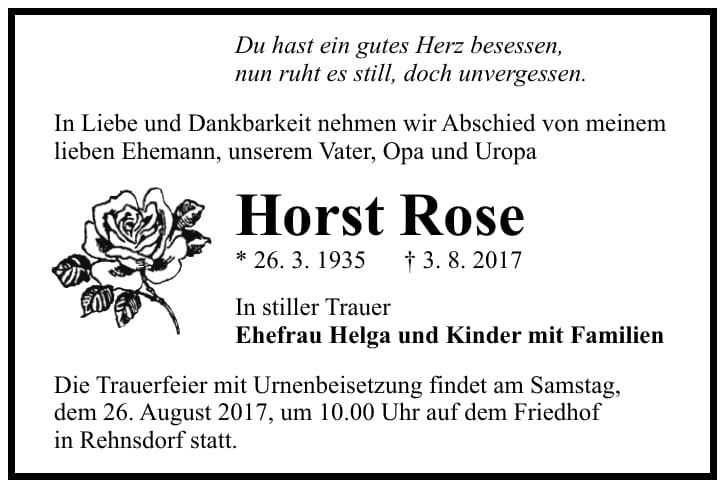 Traueranzeige Horst Rose
