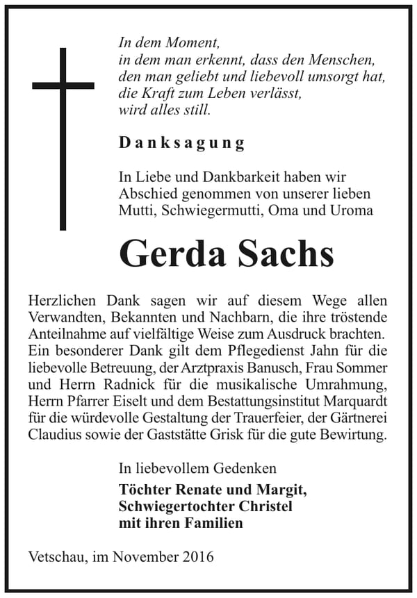 Danksagung Gerda Sachs