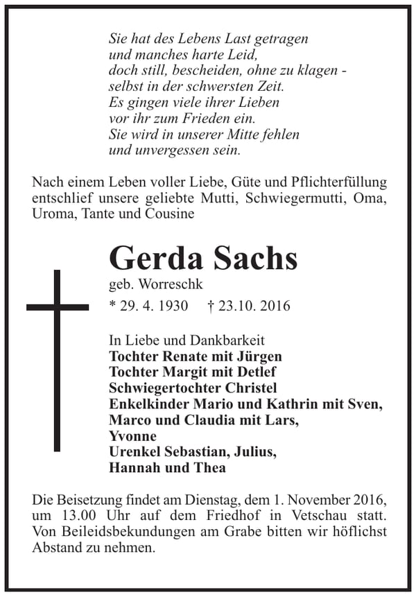 Traueranzeige Gerda Sachs, geb. Worreschk