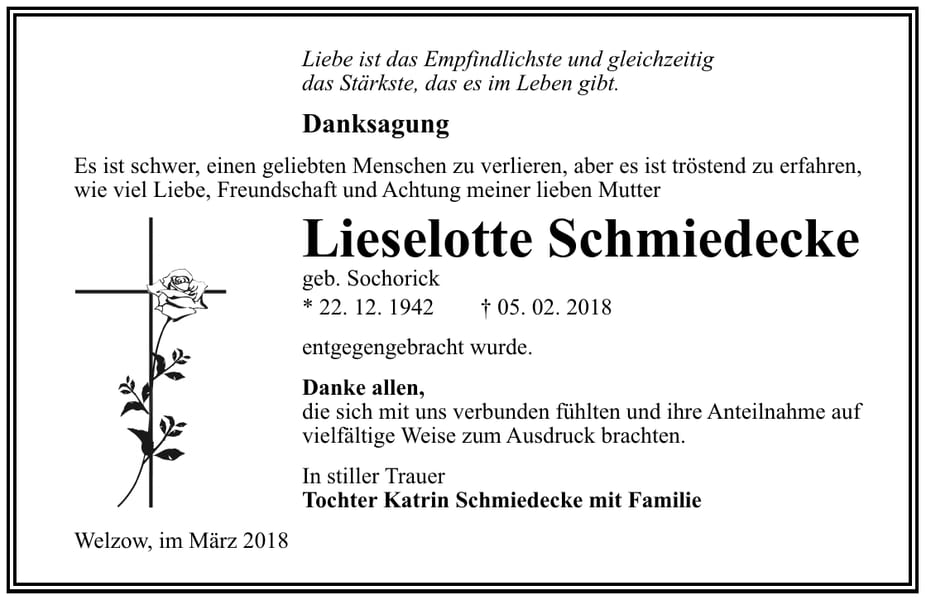 Danksagung Lieselotte Schmiedecke, geb. Sochorick