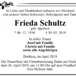 Traueranzeige Frieda Schultz, geb. Sperlich