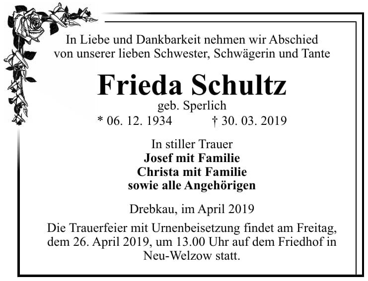 Traueranzeige Frieda Schultz, geb. Sperlich