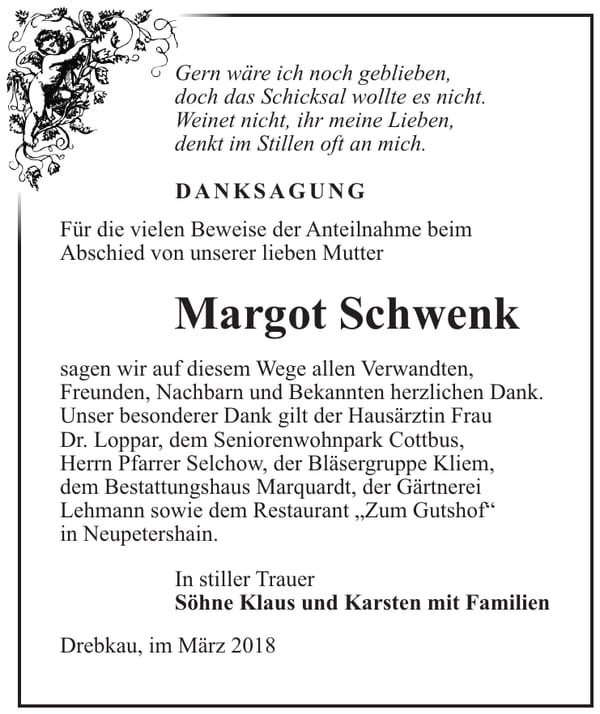 Danksagung Margot Schwenk