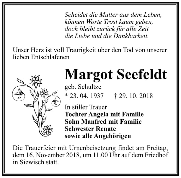 Traueranzeige Margot Seefeldt, geb. Schultze