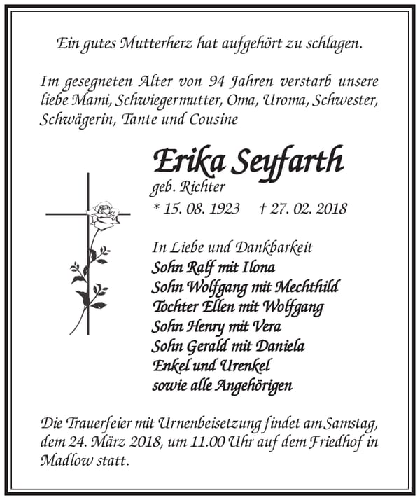 Traueranzeige Erika Seyfarth geb. Richter