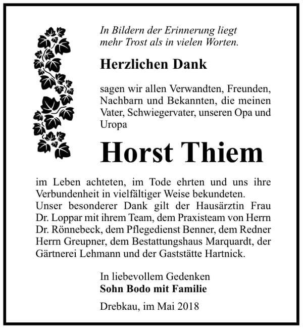 Danksagung Horst Thiem