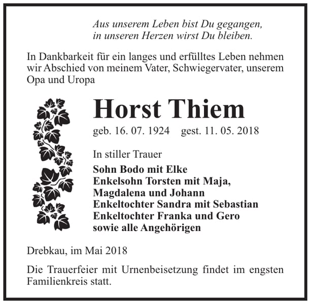 Traueranzeige Horst Thiem
