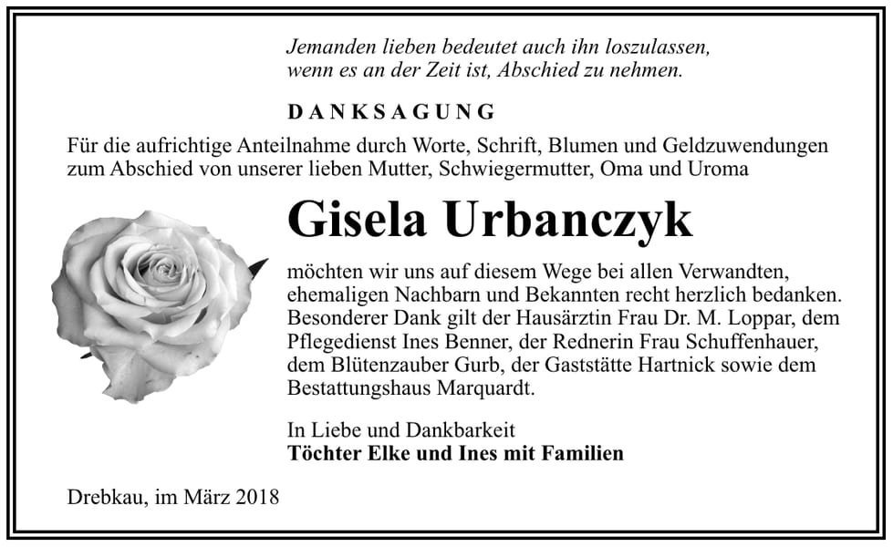 Danksagung Gisela Urbanczyk
