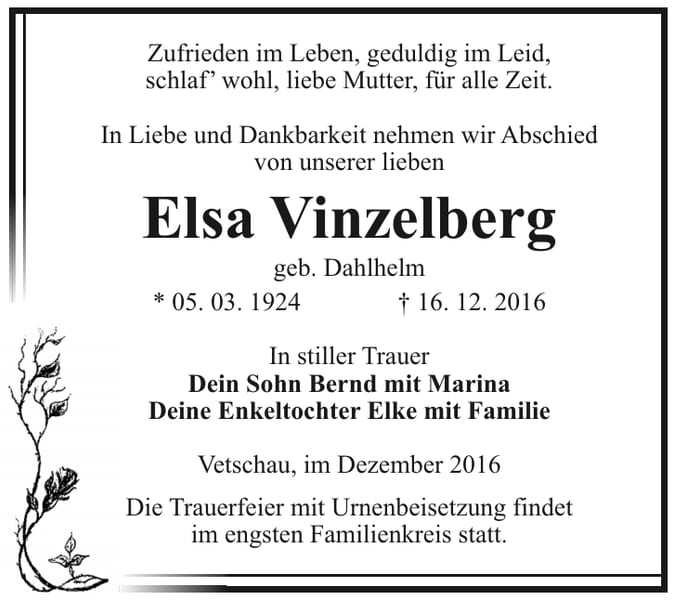 Traueranzeige Elsa Vinzelberg, geb. Dahlhelm