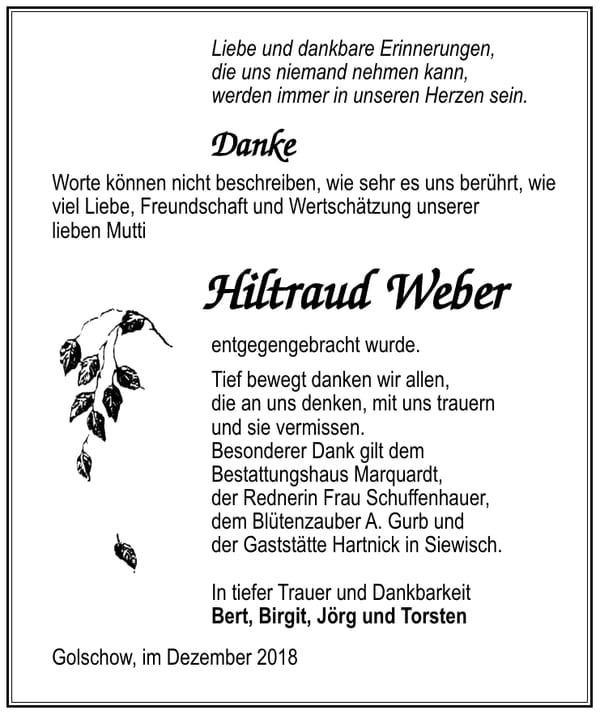Danksagung Hiltraud Weber
