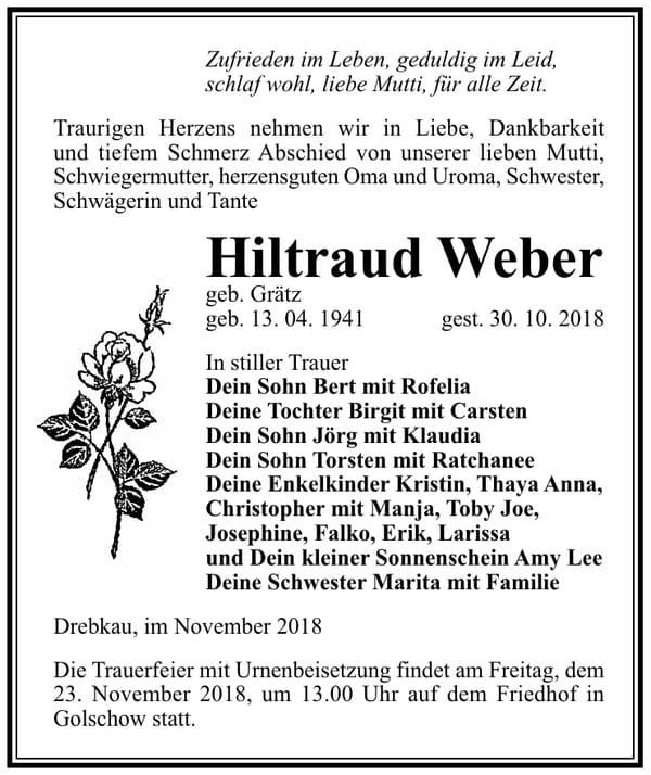 Traueranzeige Hiltraud Weber, geb. Grätz