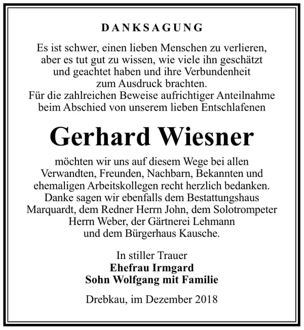 Danksagung Gerhard Wiesner