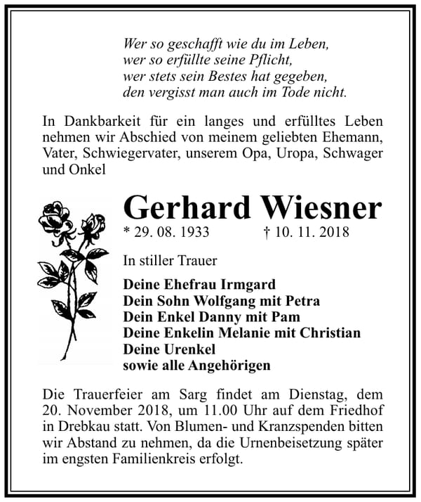 Traueranzeige Gerhard Wiesner