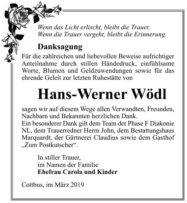 Traueranzeige Hans-Werner Wödl