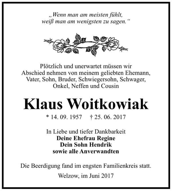 Traueranzeige Klaus Woitkowiak
