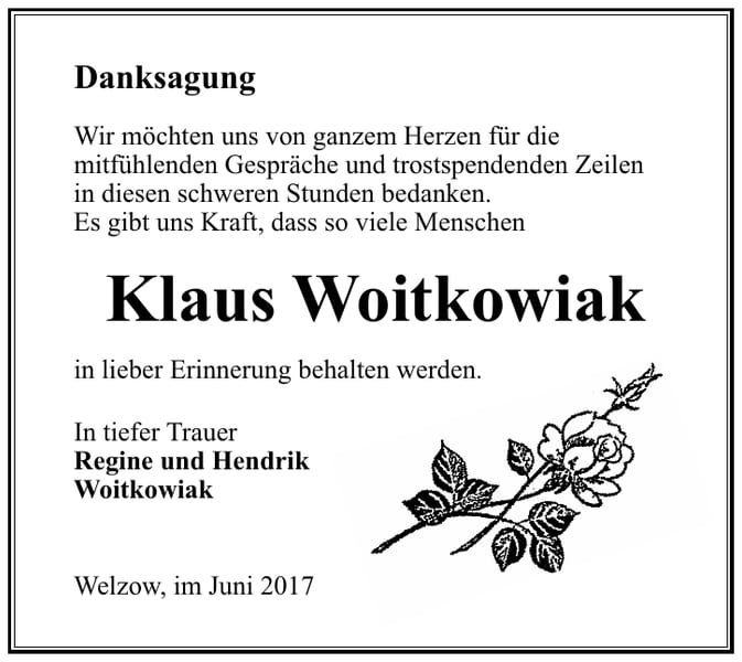 Danksagung Klaus Woitkowiak