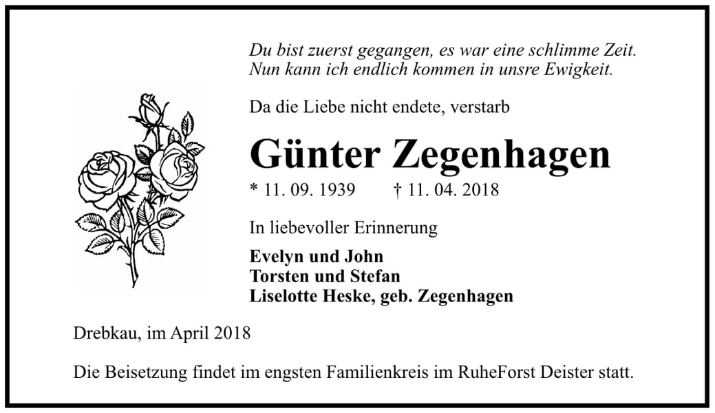 Traueranzeige Günter Zegenhagen, geb. Zegenhagen