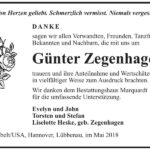 Danksagung Günter Zegenhagen, geb. Zegenhagen