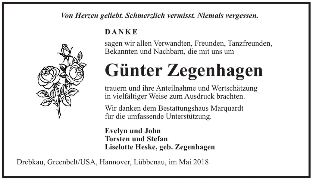 Danksagung Günter Zegenhagen, geb. Zegenhagen