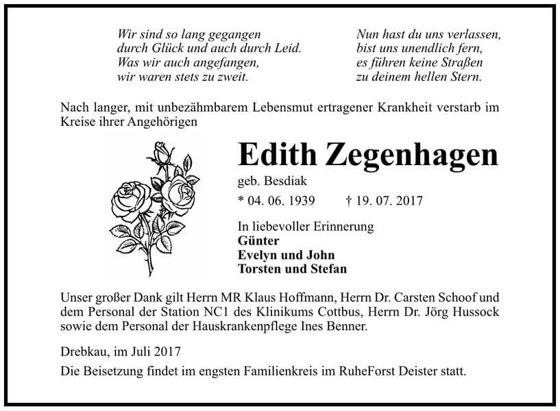Traueranzeige Edith Zegenhagen, geb. Besdiak